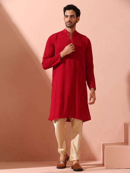 Indyancart ST Red Korean Fabric Kurta with Hidden Placket