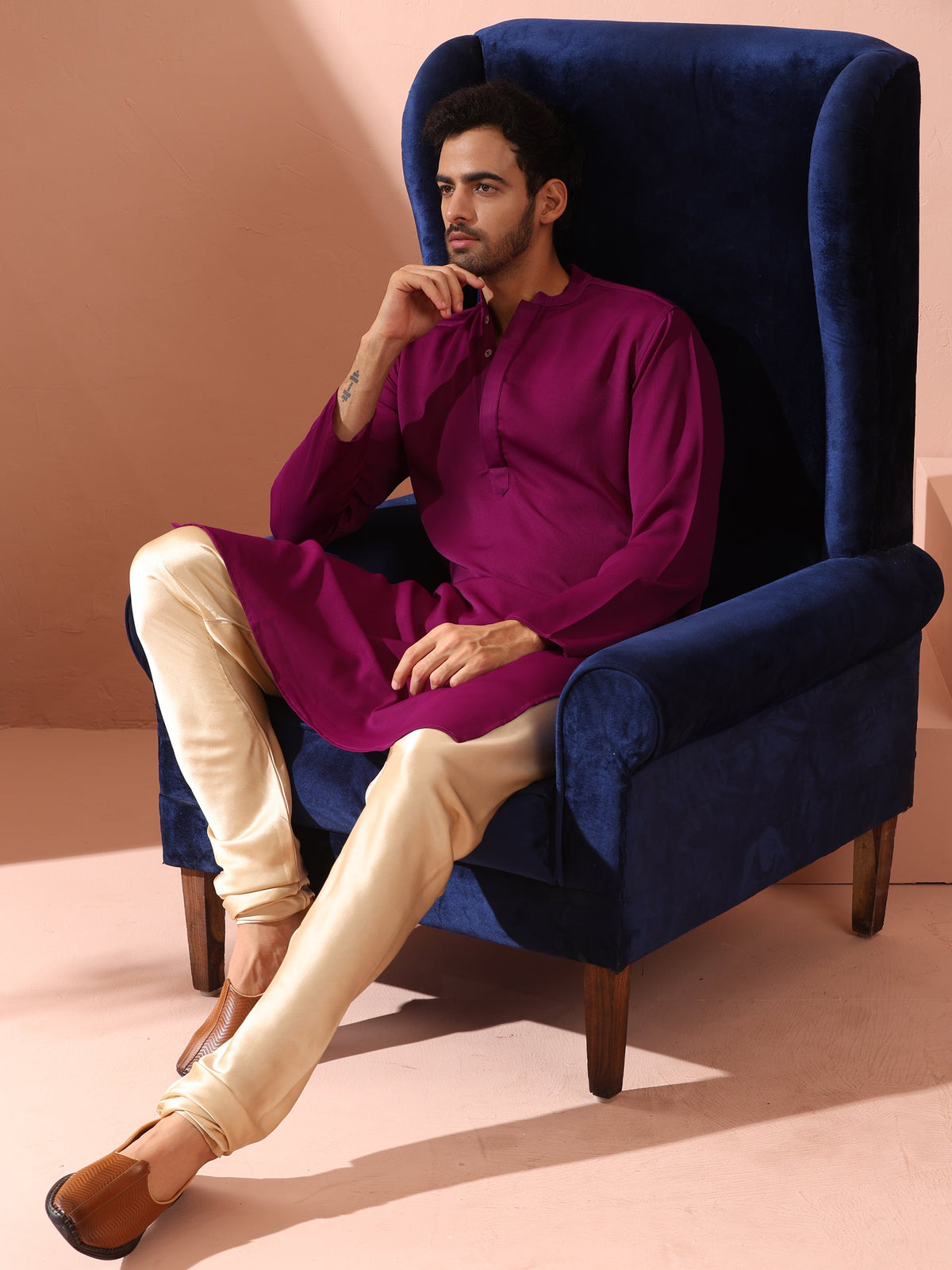 Indyancart ST Plum Korean Fabric Kurta with Hidden Placket