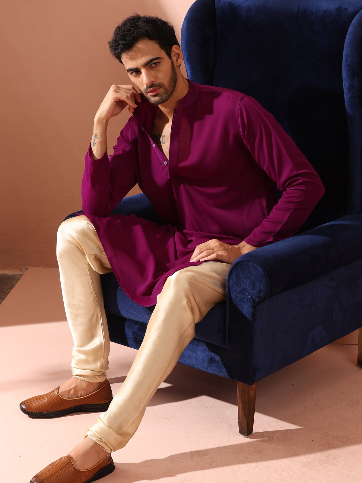 Indyancart ST Plum Korean Fabric Kurta with Hidden Placket