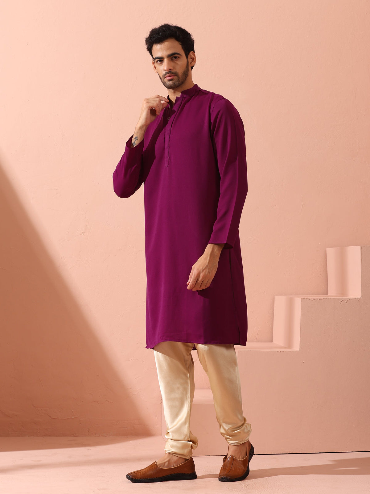 Indyancart ST Plum Korean Fabric Kurta with Hidden Placket