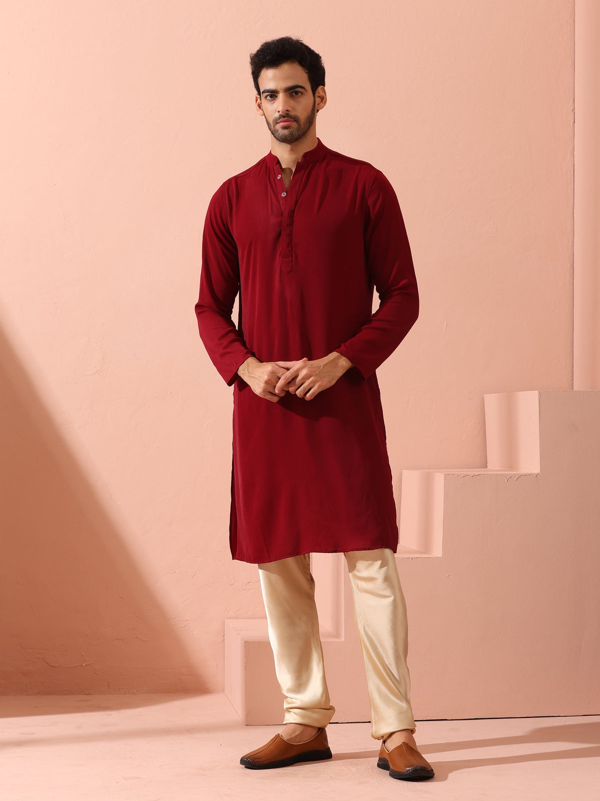 Indyancart ST Maroon Korean Fabric Kurta with Hidden Placket