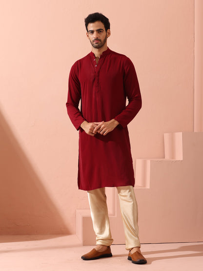 Indyancart ST Maroon Korean Fabric Kurta with Hidden Placket