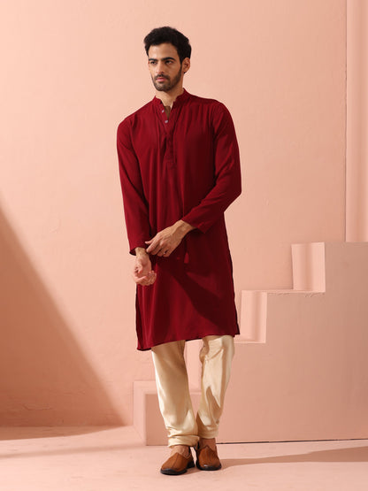 Indyancart ST Maroon Korean Fabric Kurta with Hidden Placket