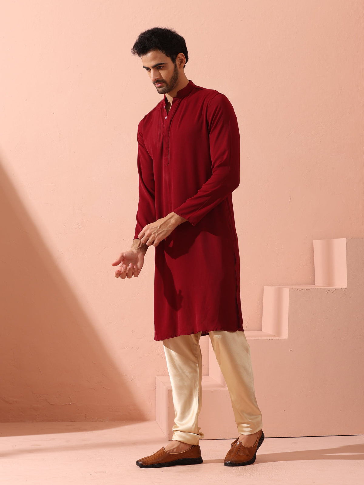 Indyancart ST Maroon Korean Fabric Kurta with Hidden Placket