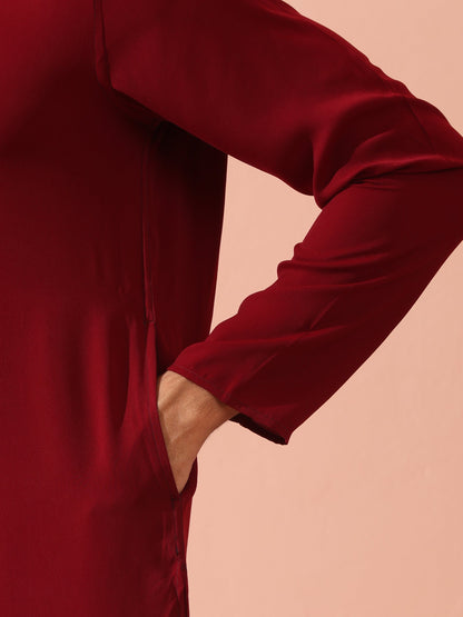 Indyancart ST Maroon Korean Fabric Kurta with Hidden Placket