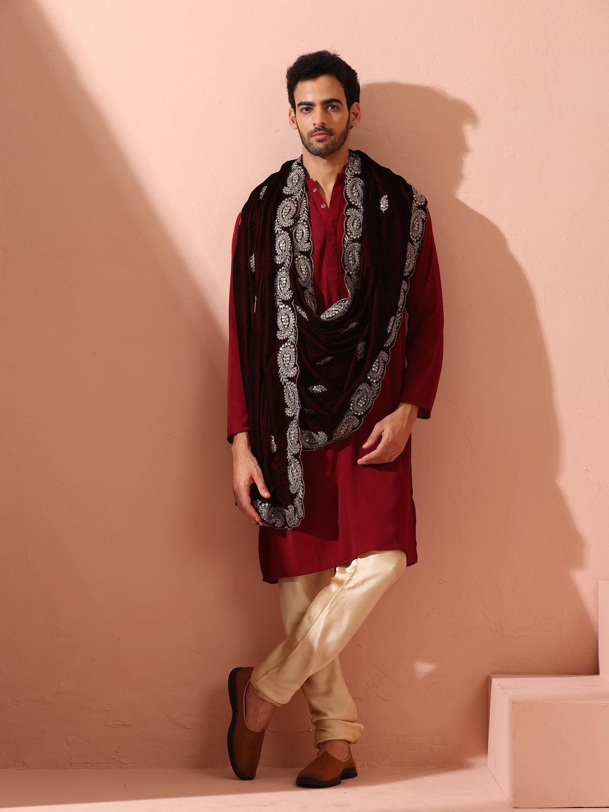 Indyancart ST Maroon Korean Fabric Kurta with Hidden Placket