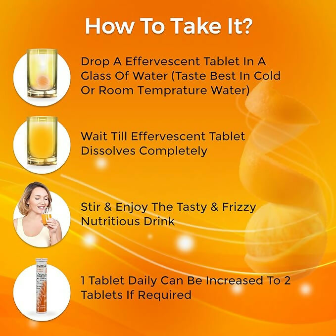 HealthAid Vitamin C 1000mg effervescent tablets with zinc in orange flavor, featuring bright orange tablets dissolving in a glass.