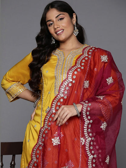 Indyancart Women's Ethnic Motifs Embroidered Regular Kurta with Trousers & With Dupatta