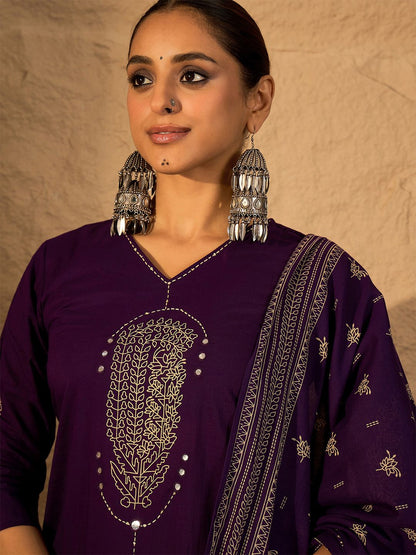 Women Floral Printed Mirror Work Pure Cotton Kurta with Trousers & Dupatta