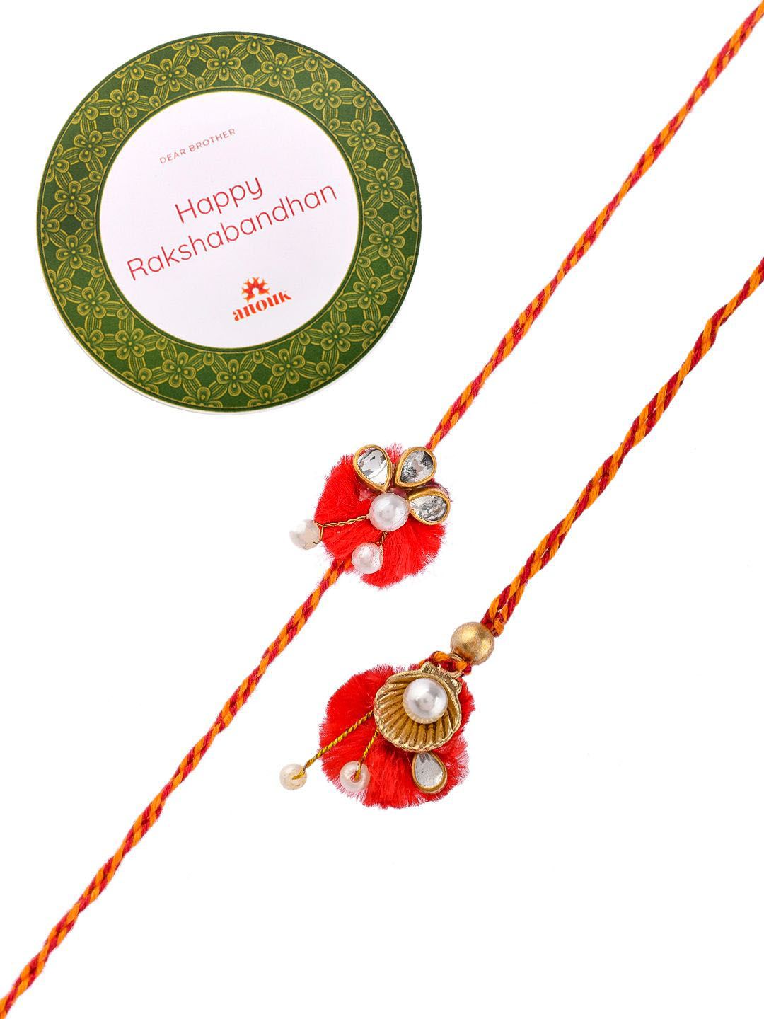Anouk Red Pearl-Beaded Bhaiya Bhabhi Rakhi With Roli Chawal & Greeting Card
