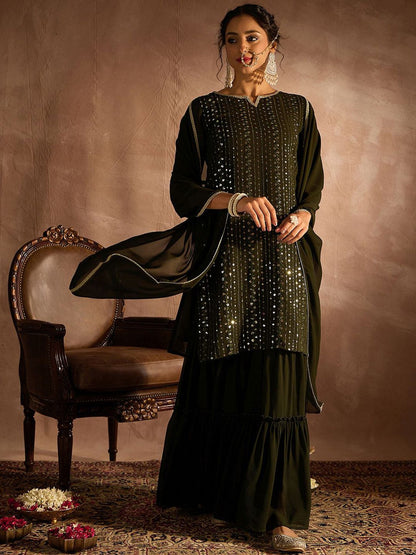 Indyancart IE Ethnic Motifs Embroidered Sequinned Straight Kurta With Sharara & Dupatta