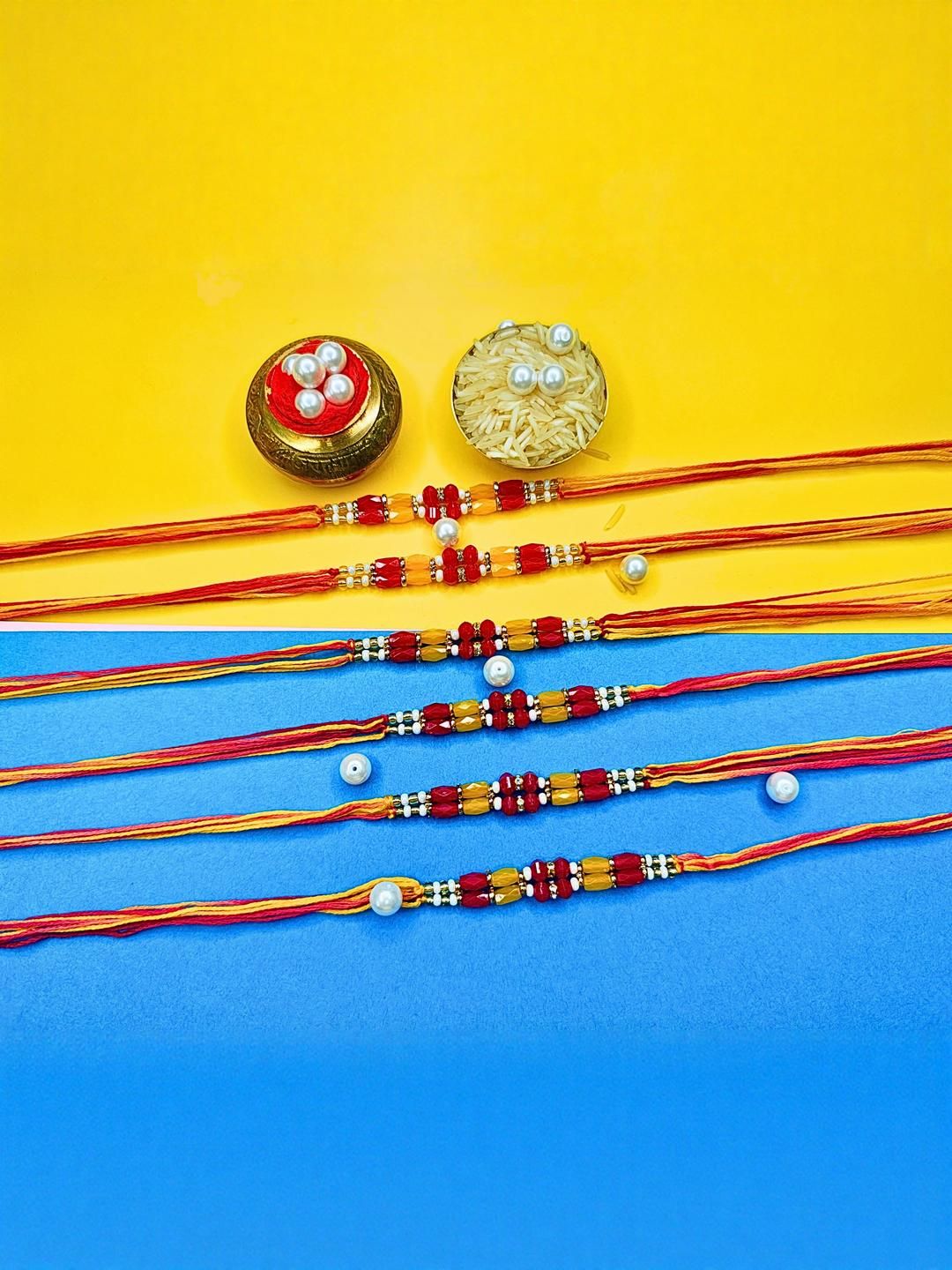 Anouk Set Of 6 Beaded Cotton Thread with AD Stones & Meenakari Designer Rakhi for Brother