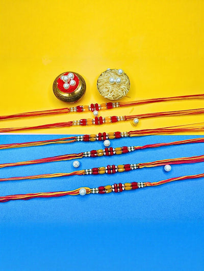 Indyancart Set Of 6 Beaded Cotton Thread with AD Stones & Meenakari Designer Rakhi for Brother