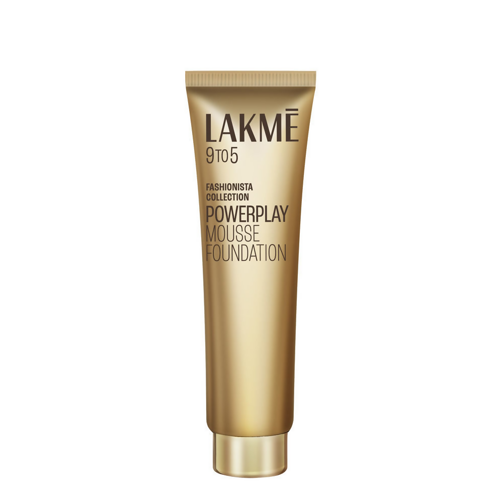 Lakme 9 To 5 Powerplay Mousse Foundation in Rose Honey, creamy foundation container with a smooth, light-textured finish.