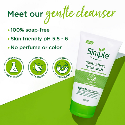 Simple Moisturising Facial Wash in a clear pump bottle, showing the gentle formula suitable for all skin types.