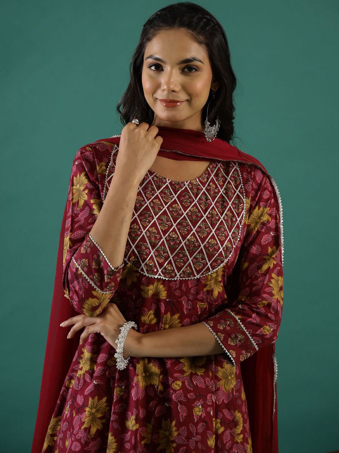 Indyancart SN Women's Floral Printed Gotta Patti Pure Cotton Anarkali Kurta & Trousers With Dupatta