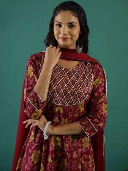Indyancart SN Women's Floral Printed Gotta Patti Pure Cotton Anarkali Kurta & Trousers With Dupatta
