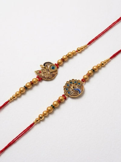 Indyancart Set Of 2 Peacock & Ghungroo Design Multicolor Thread Rakhi With Roli Chawal Chandan