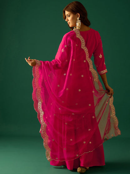 Indyancart VA Women Ethnic Motifs Embroidered Kurta with Sharara & Dupatta