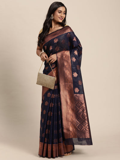 Indyancart GR Women's Tahira Berry Blue Silk Blend Saree