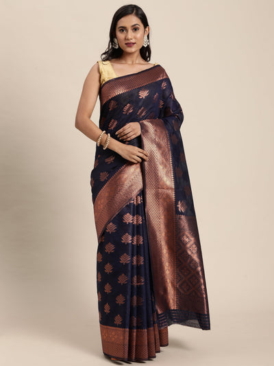 Indyancart GR Women's Tahira Berry Blue Silk Blend Saree