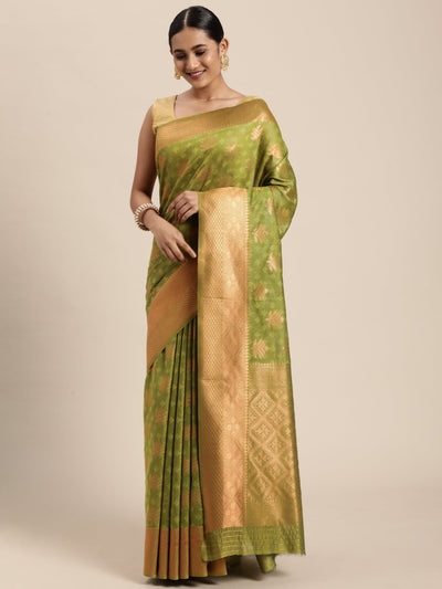 Indyancart GR Women's Tahira Parrot Green Silk Blend Saree