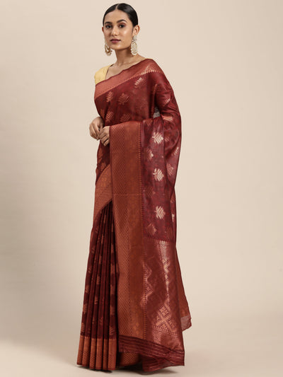 Indyancart GR Women's Tahira Carmine Maroon Silk Blend Saree