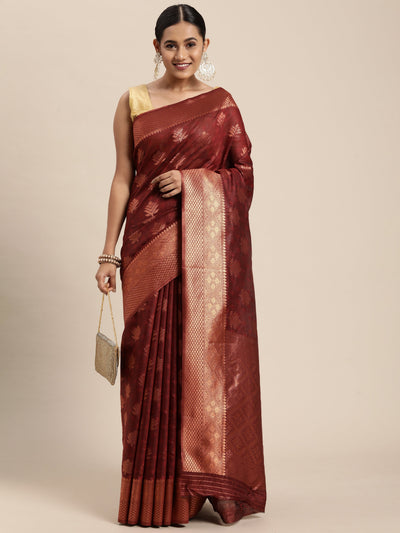 Indyancart GR Women's Tahira Carmine Maroon Silk Blend Saree