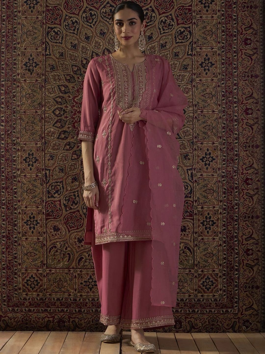 Indyancart IE Ethnic Motifs Embroidered Regular Straight Kurta With Palazzos & Dupatta