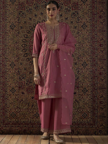 Indyancart IE Ethnic Motifs Embroidered Regular Straight Kurta With Palazzos & Dupatta