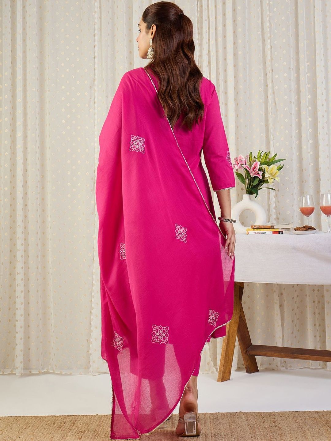 Ethnic Motifs Embroidered Thread Work Pure Cotton Kurta With Trousers & Dupatta