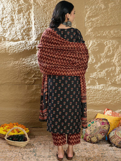 Dhiyona IE Women Ethnic Motifs Printed Regular Pure Cotton Kurta with Trousers & Dupatta