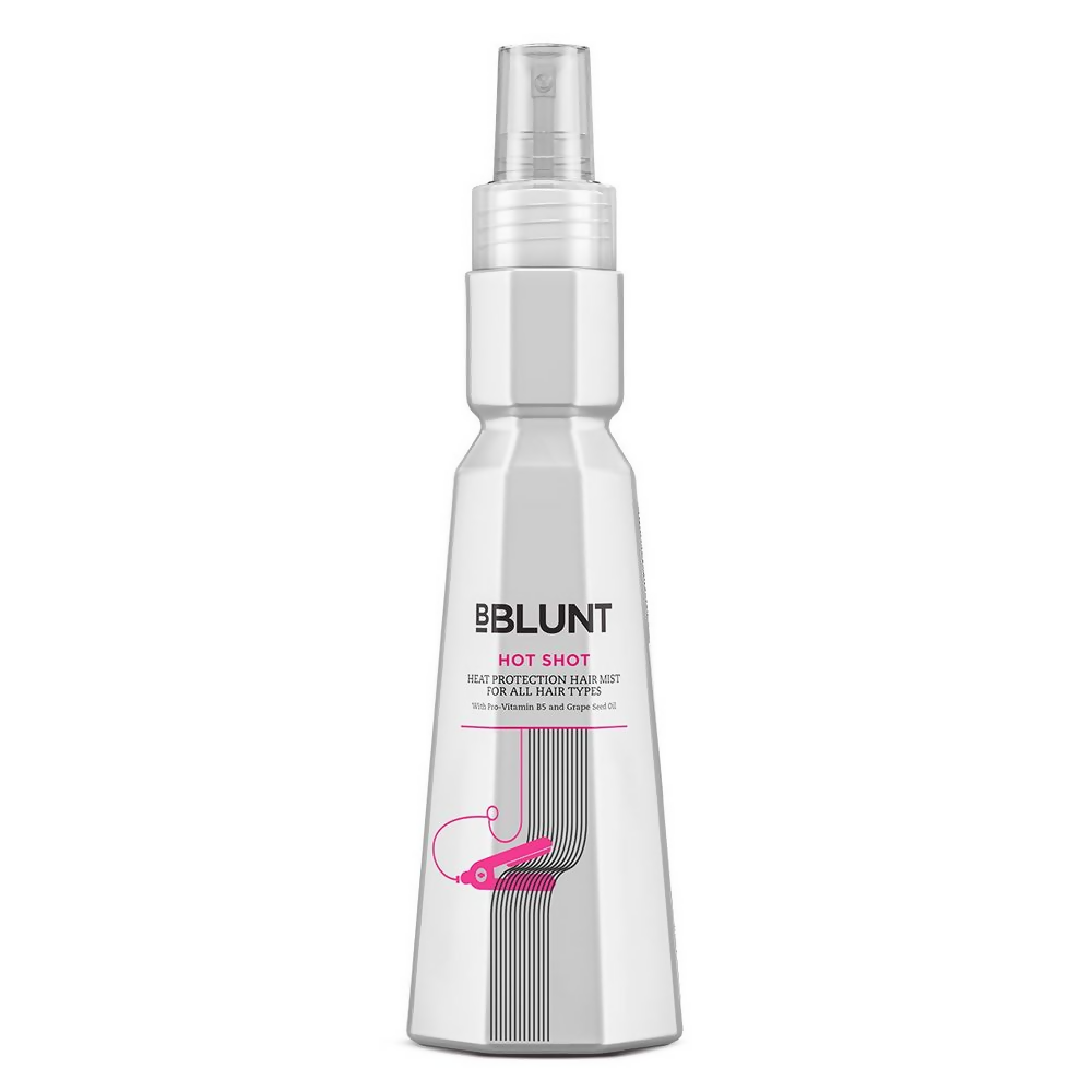 BBlunt Hot Shot heat protection mist with grapeseed oil and provitamin B5 in a spray bottle for hair styling protection.