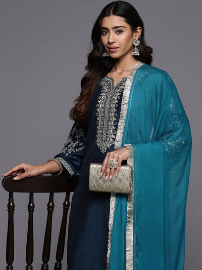 Indyancart VA Women'sFloral Yoke Design Notch Neck Zari Straight Kurta With Trousers & Dupatta