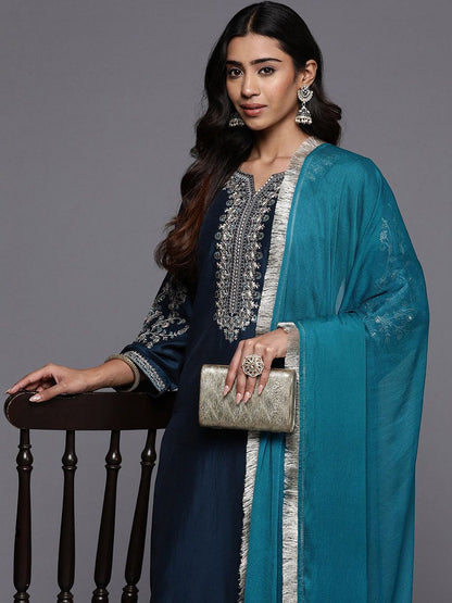 Indyancart VA Women'sFloral Yoke Design Notch Neck Zari Straight Kurta With Trousers & Dupatta