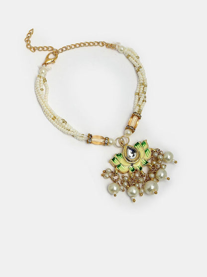 Anouk Unisex Set Of 2 Green Lotus Shape Kundan-Studded & Beaded Wraparound Rakhi Set