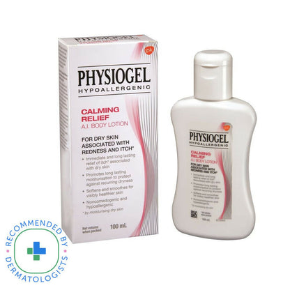Physiogel Calming Relief A.I Body Lotion bottle with pump for soothing, moisturizing skin care.