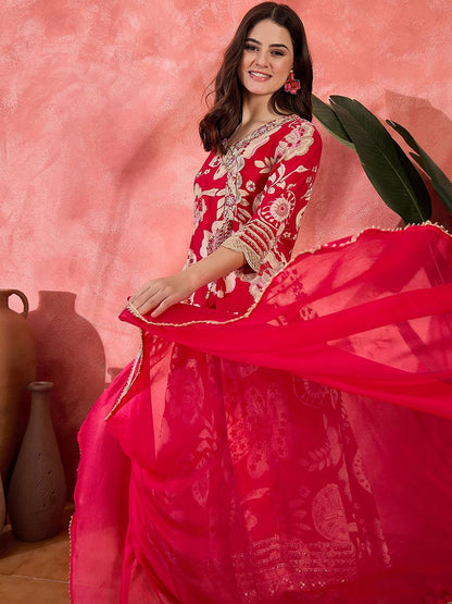 Indyancart SN Women's Floral Printed With Thread Work Embroidered Kurta With Trousers & Dupatta