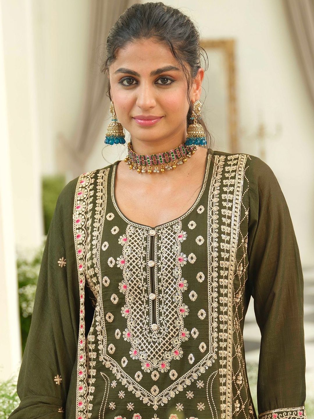 Indyancart IE Women Ethnic Motifs Embroidered Regular Thread Work Kurta with Palazzos & With Dupatta