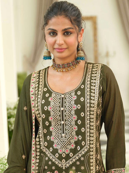 Indyancart IE Women Ethnic Motifs Embroidered Regular Thread Work Kurta with Palazzos & With Dupatta