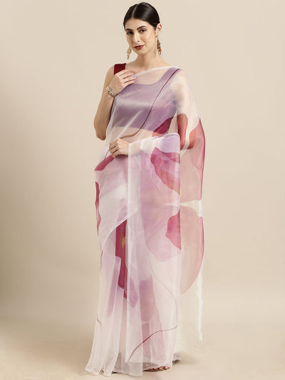 Indyancart TI Women's Off White & Pink Floral Printed Organza Saree with Unstitched Blouse