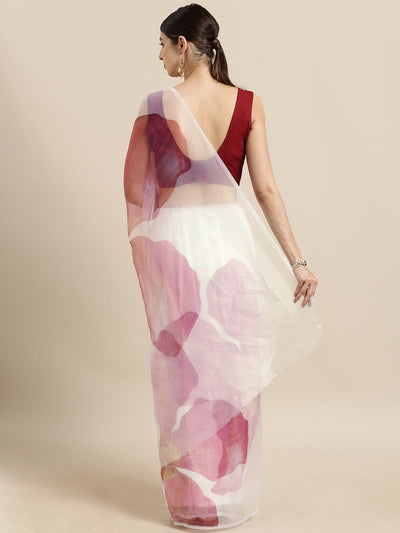 Indyancart TI Women's Off White & Pink Floral Printed Organza Saree with Unstitched Blouse