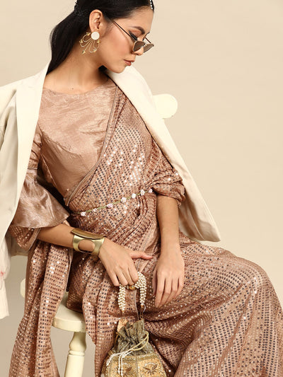 Indyancart TI Women's Beige Crepe Sequins Saree with Unstitched Blouse