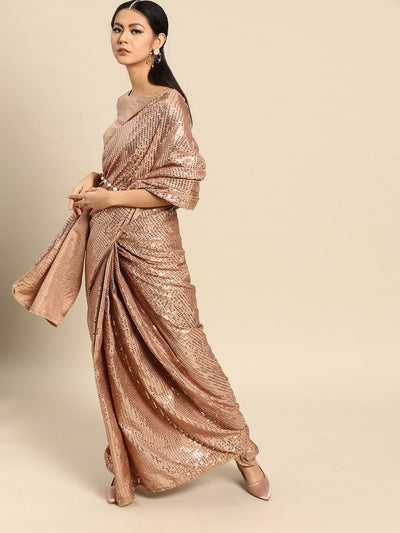 Indyancart TI Women's Beige Crepe Sequins Saree with Unstitched Blouse