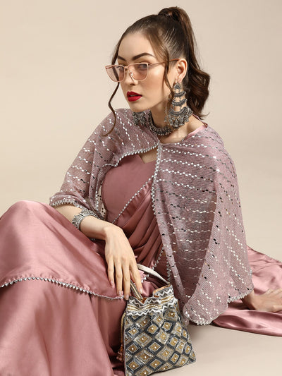 Indyancart TI Women's Pink Soli Poly Satin Saree with Embellished Cape with Unstitched Blouse