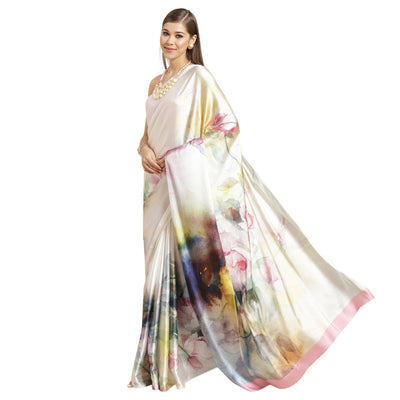 Indyancart TI Women's Multi-Color Printed Satin Saree with Unstitched Blouse