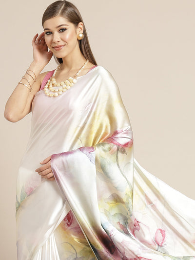 Indyancart TI Women's Multi-Color Printed Satin Saree with Unstitched Blouse