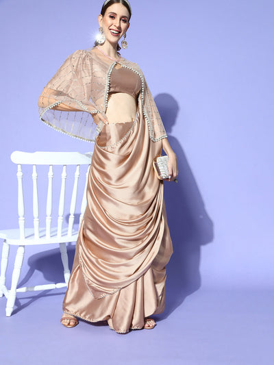 Indyancart TI Women's Silver Solid Poly Satin Saree with Embellished Cape with Unstitched Blouse
