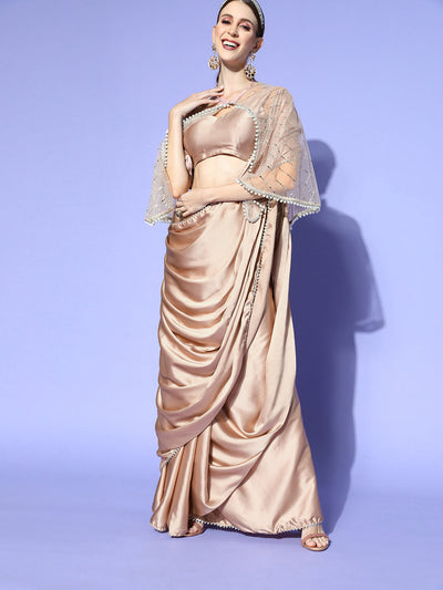 Indyancart TI Women's Silver Solid Poly Satin Saree with Embellished Cape with Unstitched Blouse