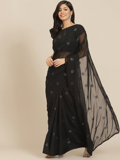 Indyancart TI Women's Black Georgette Embroidered Mirror-Work Saree with Unstitched Blouse